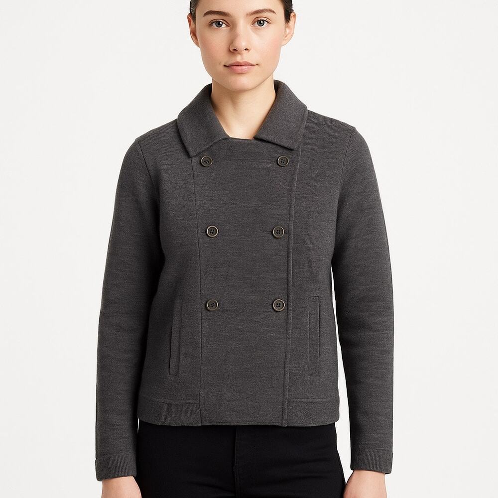 Eileen Fisher Petite Merino Wool Double-Breasted Peacoat Sweater Jacket medium P